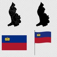 Set of maps, flag and flagpole of Liechtenstein. illustration. vector