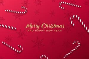 Christmas And New Year Red Background With Striped Stick 3D Element. vector