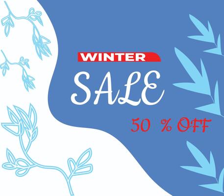 Winter sale background banner with cool blue white leaf tree and twig decoration and abstract elements, for sale and shopping promotion, perfect for social media promotion and winter banner needs.