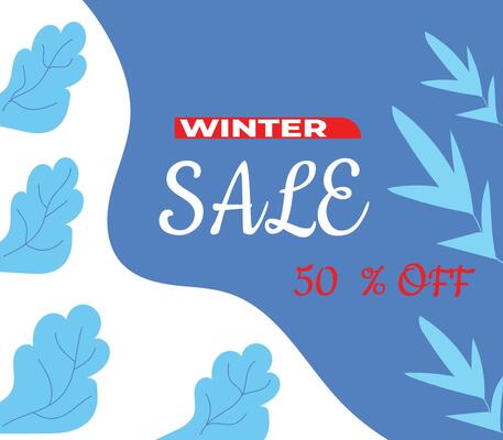 Winter sale background banner with cool blue white wavy leaf tree decoration and abstract elements, for sales and shopping promotion, perfect for social media promotion and banner needs in winter.