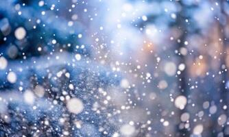 Blurred winter background with snowfall and bokeh effect. Snowy winter ambience photo