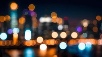 Abstract night bokeh lights in a big city, creating a blurred and dreamy urban background. photo