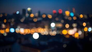 Abstract night bokeh lights in a big city, creating a blurred and dreamy urban background. photo