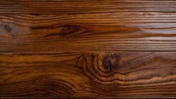 Rich walnut-stained wooden surface texture, top view. photo