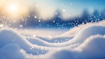 Snowy winter background with soft snow drifts and floating snowflakes, featuring a blue sky and bokeh circles, ideal for creating festive banners with text space. photo
