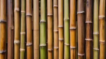 Brown wooden bamboo wall with vertical boards, creating a rustic and organic background for tropical or natural settings. photo