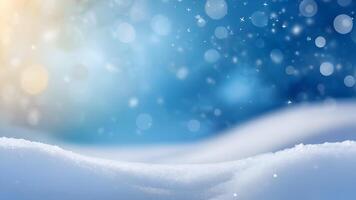 Snowy winter background with soft snow drifts and floating snowflakes, featuring a blue sky and bokeh circles, ideal for creating festive banners with text space. photo