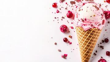 Delicious Pink Ice Cream Cone with Toppings on White Background photo
