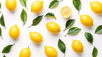 Fresh Lemons and Green Leaves Isolated on Clean White Background photo