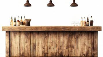 Isolated Wooden Bar with Bottles and Accessories on White Background photo