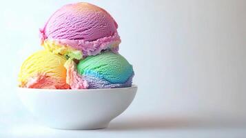 Colorful Rainbow Ice Cream Stacked in a White Bowl Isolated photo