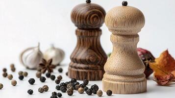 Elegant Wooden Salt and Pepper Shakers with Spices and Garlic photo