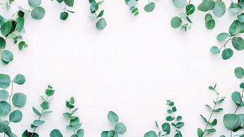 Eucalyptus leaves frame on white background photo