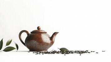 Isolated Teapot with Tea Leaves on White Background photo