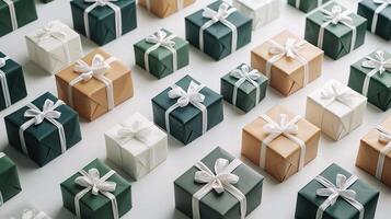 Many green and white gift boxes on a white surface photo