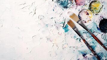 Colorful Paint Palette with Brushes Isolated on White Background photo