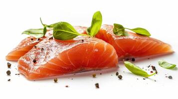 Fresh Piece of Raw Salmon Isolated on White Background with Herbs photo