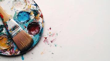 Vibrant Paint Palette with Brushes Isolated on White Background photo