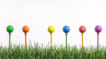 A row of colorful golf balls in the grass photo