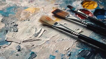 Artistic Tools with Palette and Brushes on Colorful Background photo