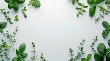 Fresh Basil, Mint, and Thyme Herbs Isolated on White Background photo