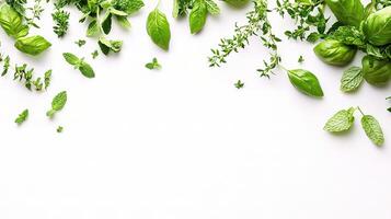 Fresh Herbs Including Basil, Mint, and Thyme Isolated on White photo