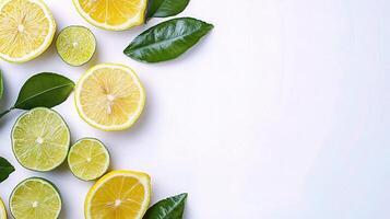 Fresh Lemon and Lime Slices with Green Leaves on White Background photo