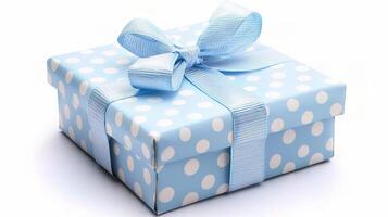 Blue Gift Box with Ribbon and Polka Dots Isolated on White Background photo