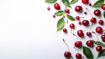 Fresh Isolated Cherries with Green Leaves on Clean Background photo