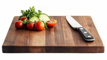 Fresh Vegetables on Wooden Chopping Board with Knife Ready for Cooking photo