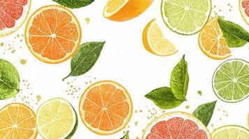 Vibrant Citrus Fruits with Leaves on White Background Splash Art photo