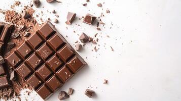 Isolated Chocolate Bar on White Background with Crushed Pieces photo