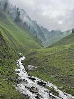 A stream runs through a grassy valley in the mountains photo