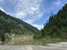 A river in the middle of a forest with trees and mountains photo