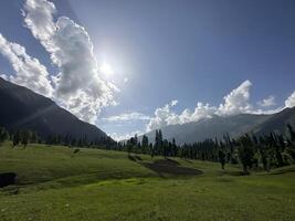 A view of the mountains and grassy field photo
