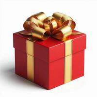 A gift box wrapped in red paper with a gold ribbon, displayed on a white background photo