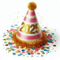 A festive party hat with '2025' in gold and colorful confetti, isolated on a white background photo
