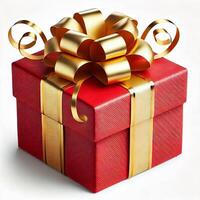 A gift box wrapped in red paper with a gold ribbon, displayed on a white background photo