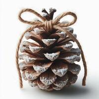A rustic pinecone ornament with twine bow and snow frosting, isolated on white photo