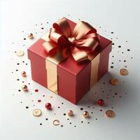 A gift box wrapped in red paper with a gold ribbon, displayed on a white background photo