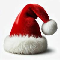 A classic red Santa hat with fluffy white trim, displayed on a white background photo