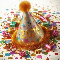 A festive party hat with '2025' in gold and colorful confetti, isolated on a white background photo