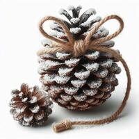 A rustic pinecone ornament with twine bow and snow frosting, isolated on white photo