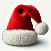 A classic red Santa hat with fluffy white trim, displayed on a white background photo