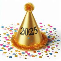 A festive party hat with '2025' in gold and colorful confetti, isolated on a white background photo