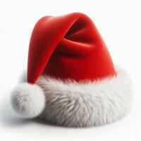 A classic red Santa hat with fluffy white trim, displayed on a white background photo