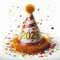 A festive party hat with '2025' in gold and colorful confetti, isolated on a white background photo