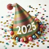 A festive party hat with '2025' in gold and colorful confetti, isolated on a white background photo
