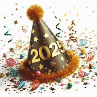 A festive party hat with '2025' in gold and colorful confetti, isolated on a white background photo