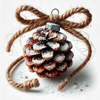A rustic pinecone ornament with twine bow and snow frosting, isolated on white photo